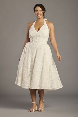 Lace Halter Tea-Length Dress with Basque Waist